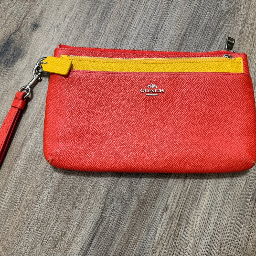 COACH Orange Yellow Color Block Leather Pop Pouch Clutch Wristlet